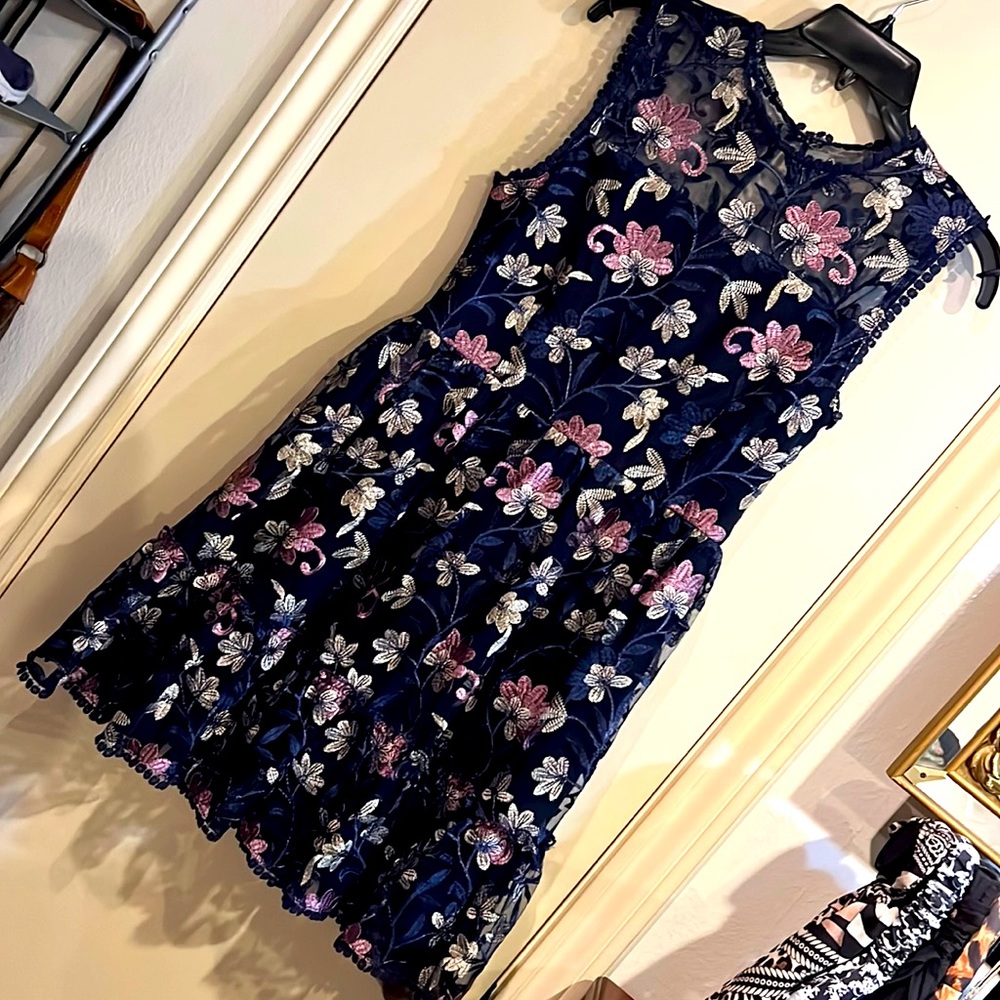 Cupcakes and cashmere size 4 NWT navy dress with pink and with floral stitching.